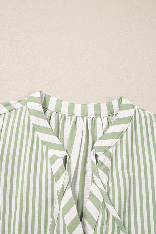 Green Stripe Bracelet Sleeve Tasseled Tied Neck Tiered Plus Size Mini Dress