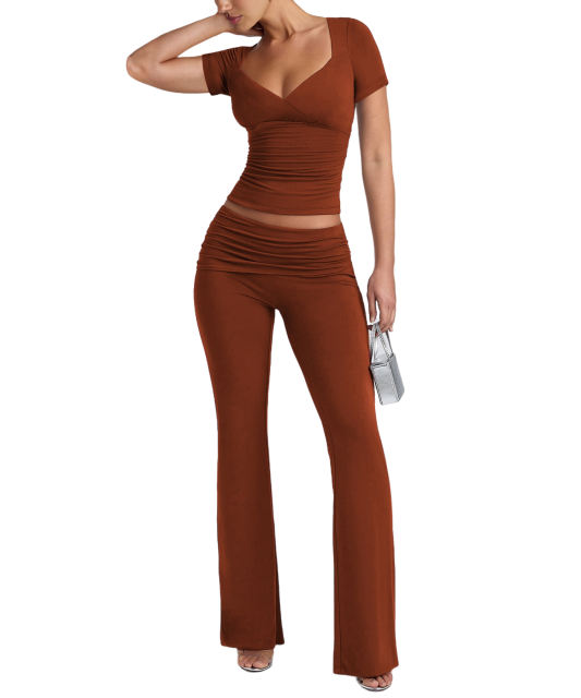 Reddish Brown Pleated Detail Slim Fit Short Sleeve Top and Flare Pants Set