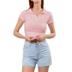 Pink Lapel V Neck Short Sleeve Knit Crop Tops