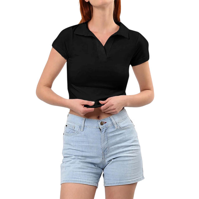 Black Lapel V Neck Short Sleeve Knit Crop Tops