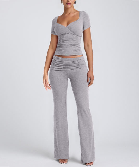 Grey Pleated Detail Slim Fit Short Sleeve Top and Flare Pants Set