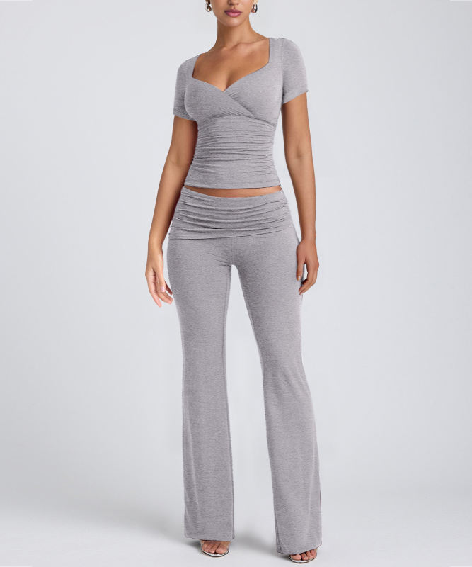 Grey Pleated Detail Slim Fit Short Sleeve Top and Flare Pants Set