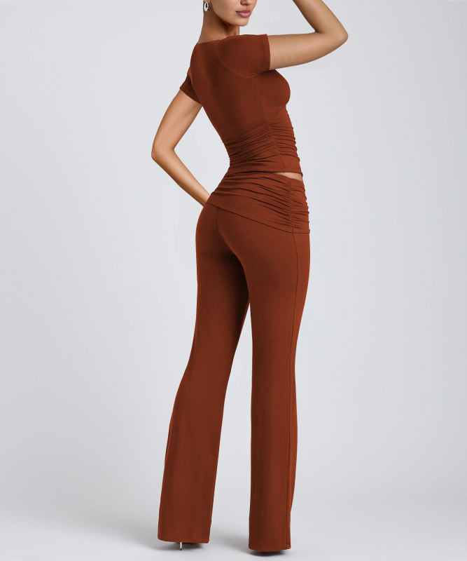 Reddish Brown Pleated Detail Slim Fit Short Sleeve Top and Flare Pants Set