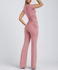 Pink Pleated Detail Slim Fit Short Sleeve Top and Flare Pants Set