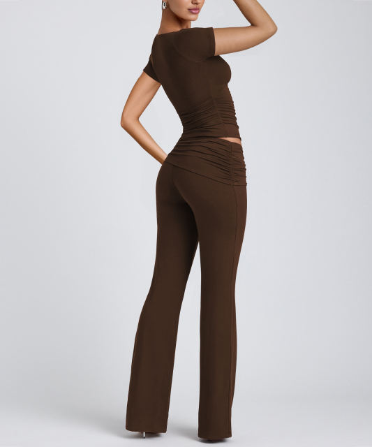 Coffee Pleated Detail Slim Fit Short Sleeve Top and Flare Pants Set