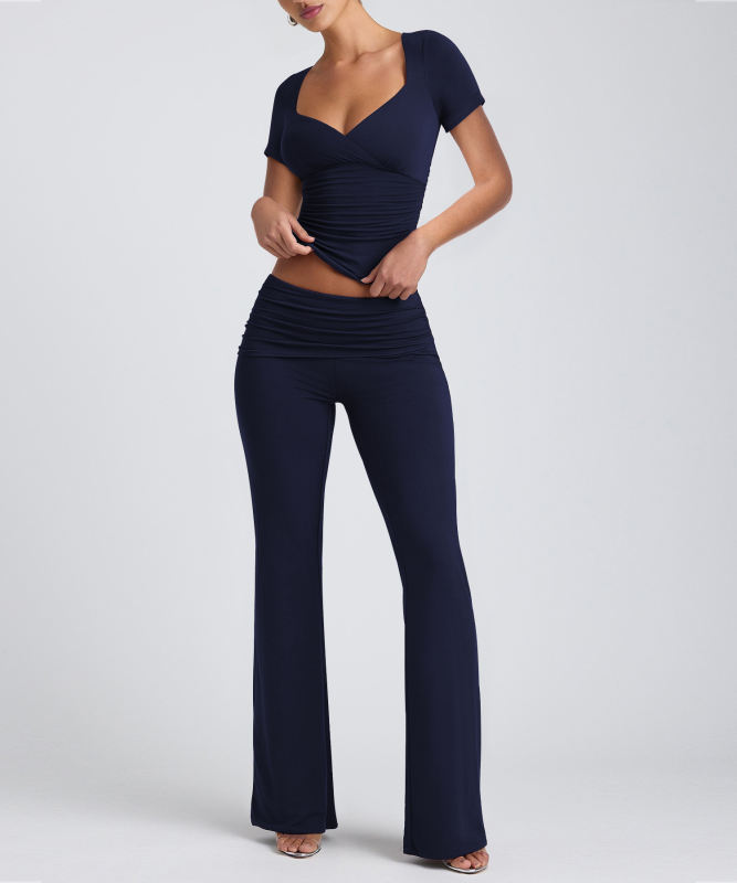 Navy Blue Pleated Detail Slim Fit Short Sleeve Top and Flare Pants Set