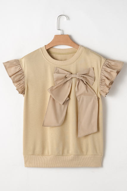 Parchment Two Tones Ribbon Bow Ruffle Sleeve Top