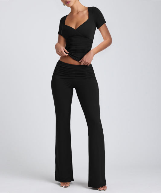 Black Pleated Detail Slim Fit Short Sleeve Top and Flare Pants Set