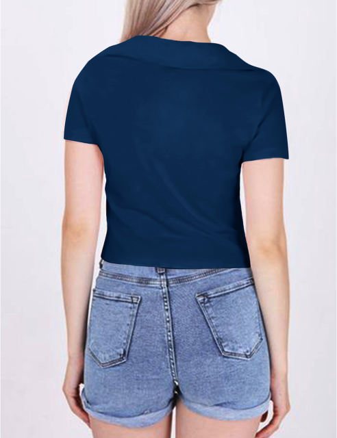 Navy Blue Lapel V Neck Short Sleeve Knit Crop Tops