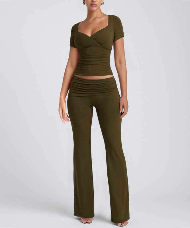 Army Green Pleated Detail Slim Fit Short Sleeve Top and Flare Pants Set