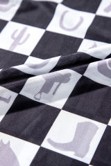 Black Checkerboard Western Elements Printed Mesh Long Sleeve Top