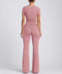 Pink Pleated Detail Slim Fit Short Sleeve Top and Flare Pants Set