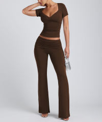 Coffee Pleated Detail Slim Fit Short Sleeve Top and Flare Pants Set