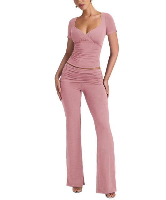 Pink Pleated Detail Slim Fit Short Sleeve Top and Flare Pants Set