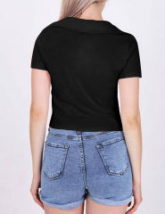 Black Lapel V Neck Short Sleeve Knit Crop Tops