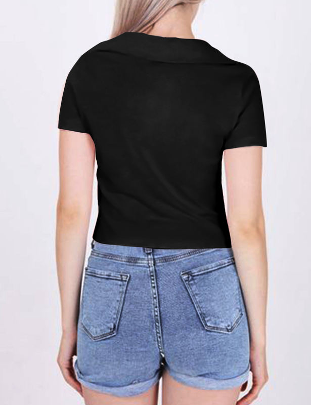 Black Lapel V Neck Short Sleeve Knit Crop Tops