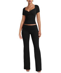 Black Pleated Detail Slim Fit Short Sleeve Top and Flare Pants Set