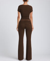 Coffee Pleated Detail Slim Fit Short Sleeve Top and Flare Pants Set