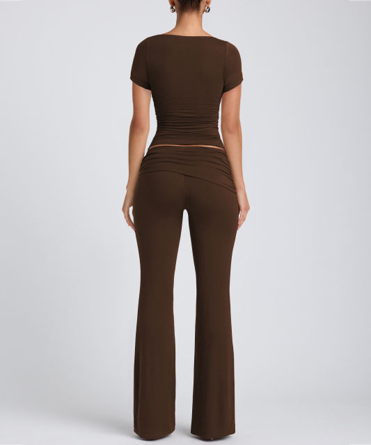 Coffee Pleated Detail Slim Fit Short Sleeve Top and Flare Pants Set