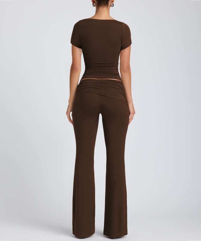 Coffee Pleated Detail Slim Fit Short Sleeve Top and Flare Pants Set