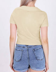 Apricot Lapel V Neck Short Sleeve Knit Crop Tops