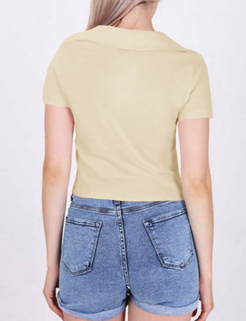 Apricot Lapel V Neck Short Sleeve Knit Crop Tops