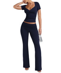 Navy Blue Pleated Detail Slim Fit Short Sleeve Top and Flare Pants Set