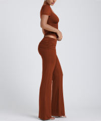 Reddish Brown Pleated Detail Slim Fit Short Sleeve Top and Flare Pants Set