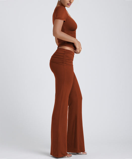 Reddish Brown Pleated Detail Slim Fit Short Sleeve Top and Flare Pants Set