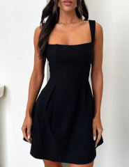 Black Square Neck Back Lace-up Sleeveless Mini Dress