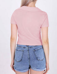Pink Lapel V Neck Short Sleeve Knit Crop Tops
