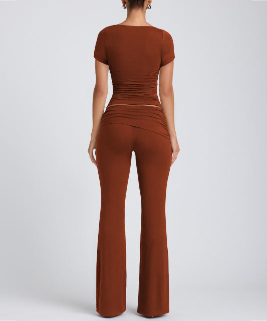 Reddish Brown Pleated Detail Slim Fit Short Sleeve Top and Flare Pants Set