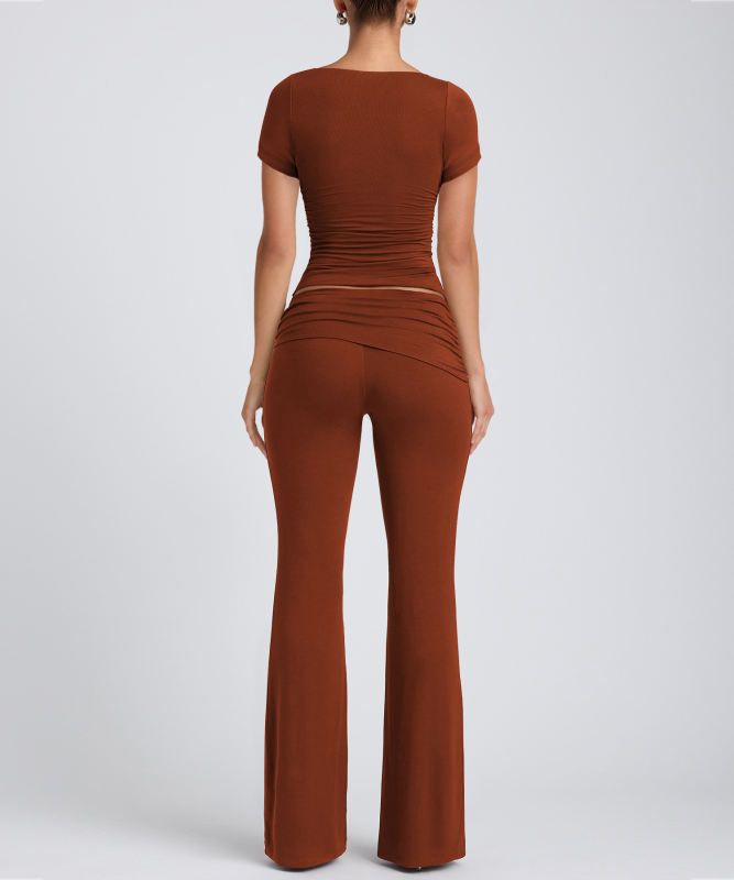 Reddish Brown Pleated Detail Slim Fit Short Sleeve Top and Flare Pants Set