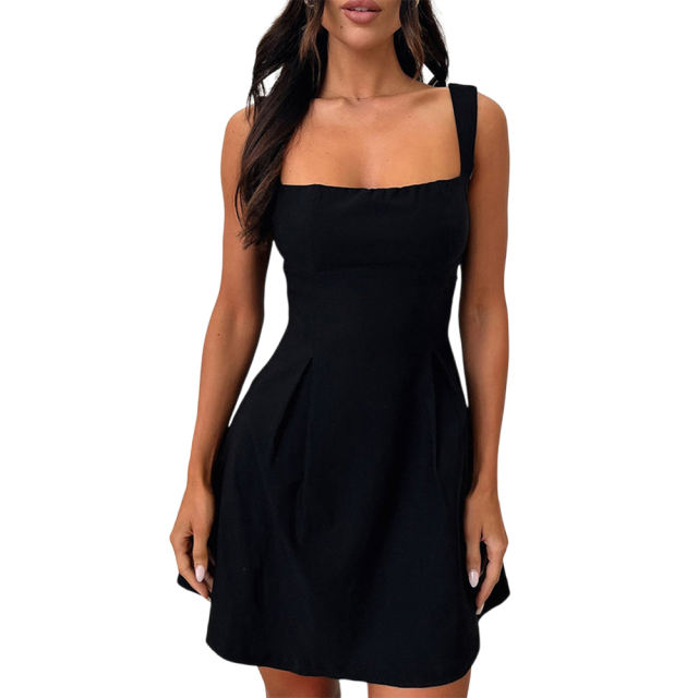 Black Square Neck Back Lace-up Sleeveless Mini Dress