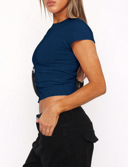 Navy Blue Lapel V Neck Short Sleeve Knit Crop Tops