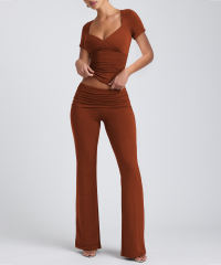 Reddish Brown Pleated Detail Slim Fit Short Sleeve Top and Flare Pants Set
