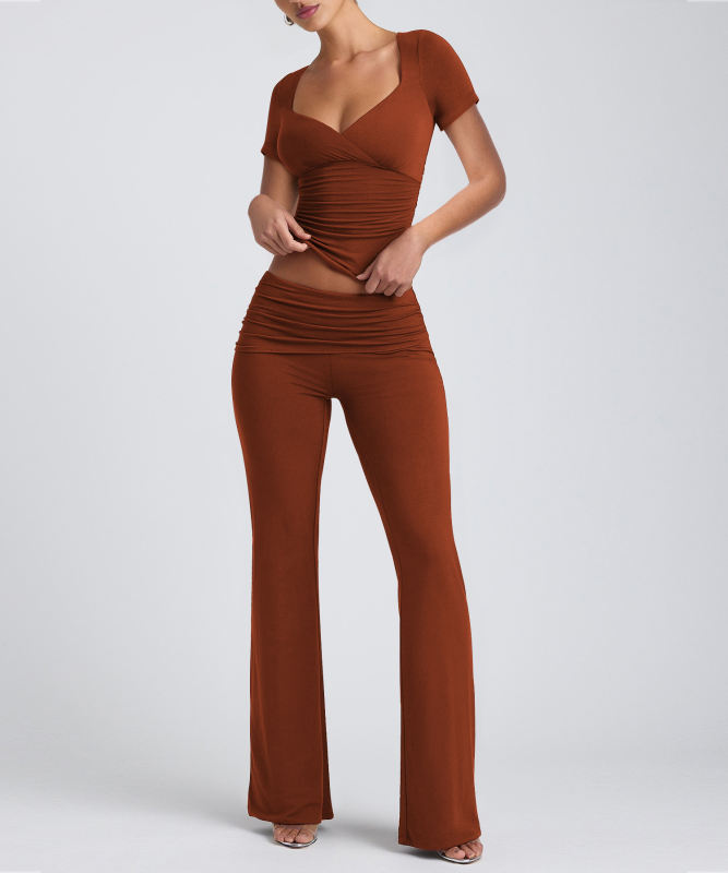 Reddish Brown Pleated Detail Slim Fit Short Sleeve Top and Flare Pants Set