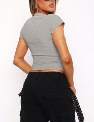 Gray Lapel V Neck Short Sleeve Knit Crop Tops