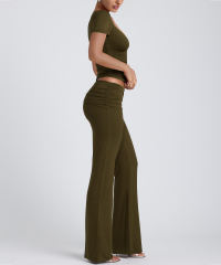 Army Green Pleated Detail Slim Fit Short Sleeve Top and Flare Pants Set