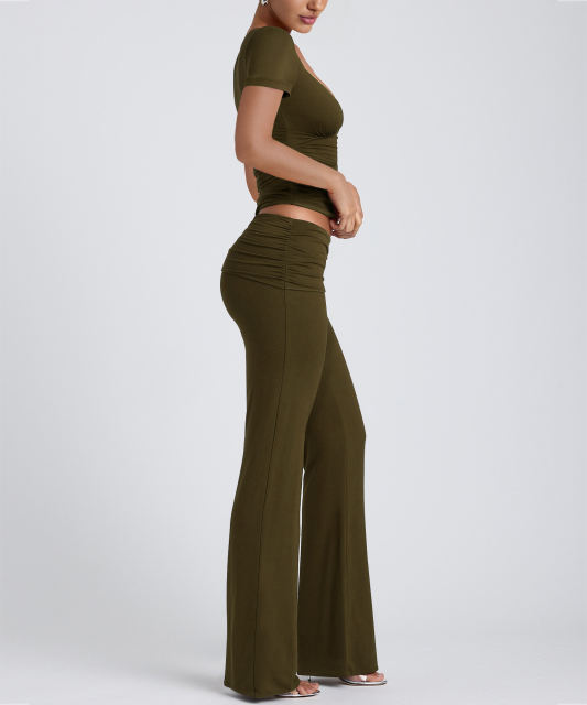 Army Green Pleated Detail Slim Fit Short Sleeve Top and Flare Pants Set