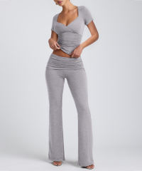 Grey Pleated Detail Slim Fit Short Sleeve Top and Flare Pants Set