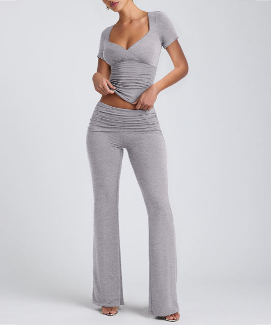 Grey Pleated Detail Slim Fit Short Sleeve Top and Flare Pants Set