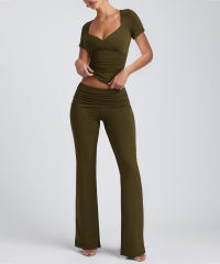Army Green Pleated Detail Slim Fit Short Sleeve Top and Flare Pants Set