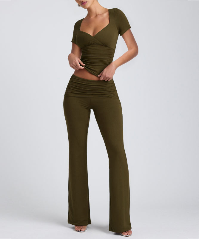 Army Green Pleated Detail Slim Fit Short Sleeve Top and Flare Pants Set