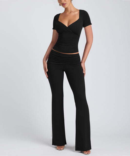 Black Pleated Detail Slim Fit Short Sleeve Top and Flare Pants Set