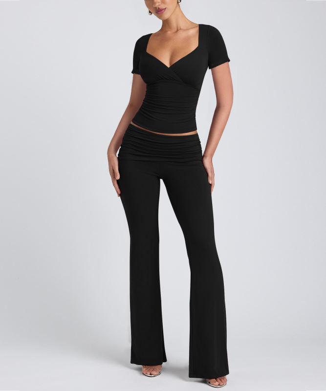 Black Pleated Detail Slim Fit Short Sleeve Top and Flare Pants Set