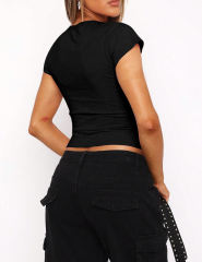 Black Lapel V Neck Short Sleeve Knit Crop Tops