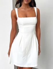 White Square Neck Back Lace-up Sleeveless Mini Dress