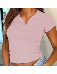 Pink Lapel V Neck Short Sleeve Knit Crop Tops