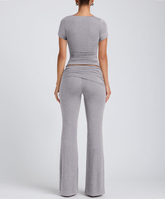 Grey Pleated Detail Slim Fit Short Sleeve Top and Flare Pants Set